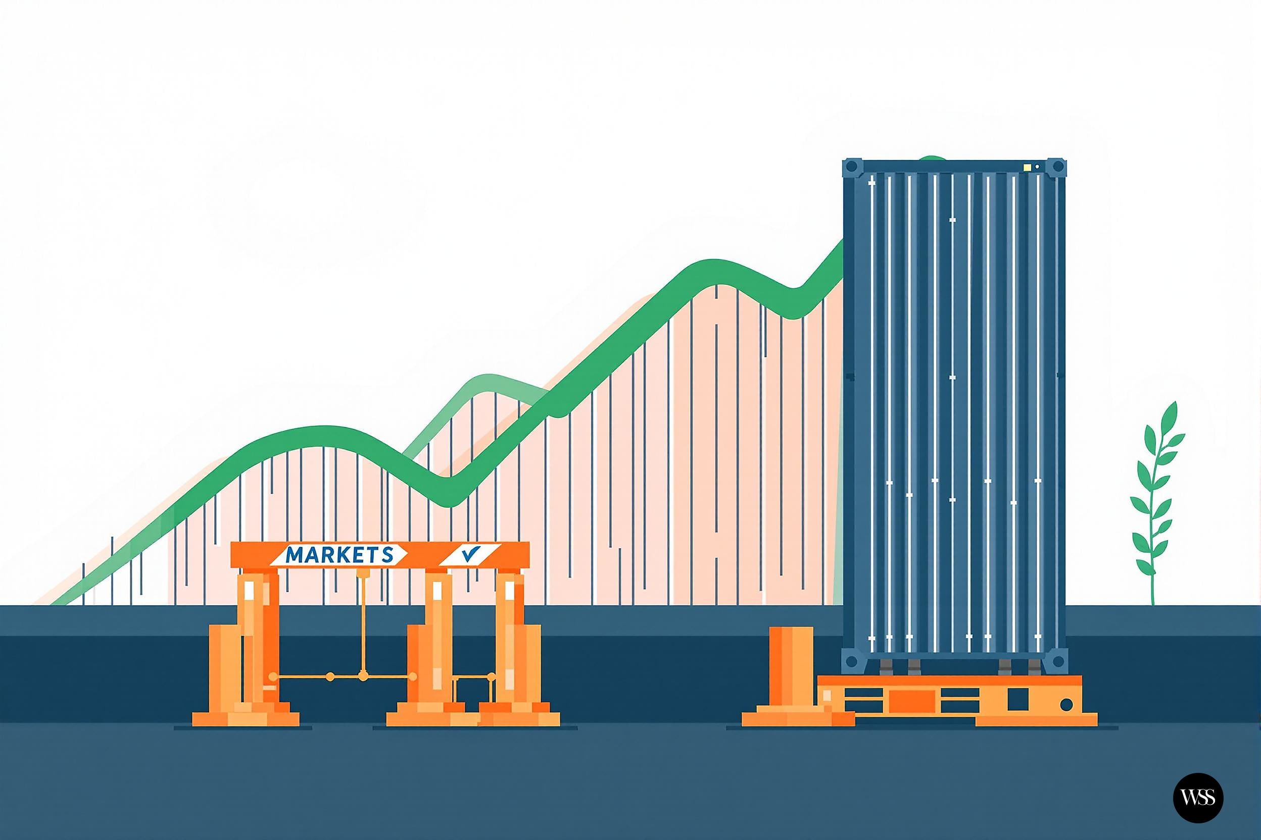 Illustration of a market entry gate with a rising graph and a building in the background