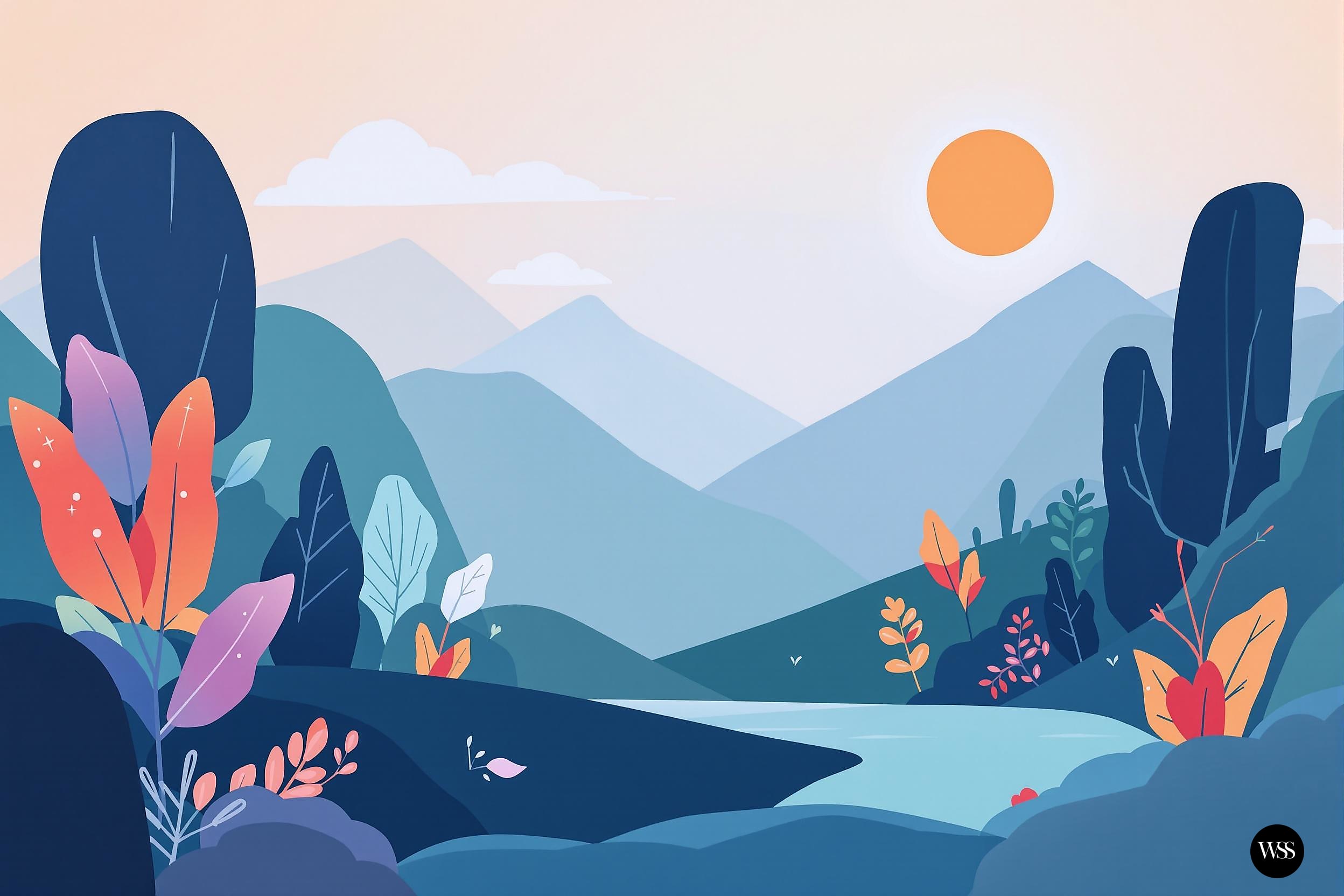 Nature's vibrant palette at sunset Colorful plants and trees by a river with mountains and a sun in the background