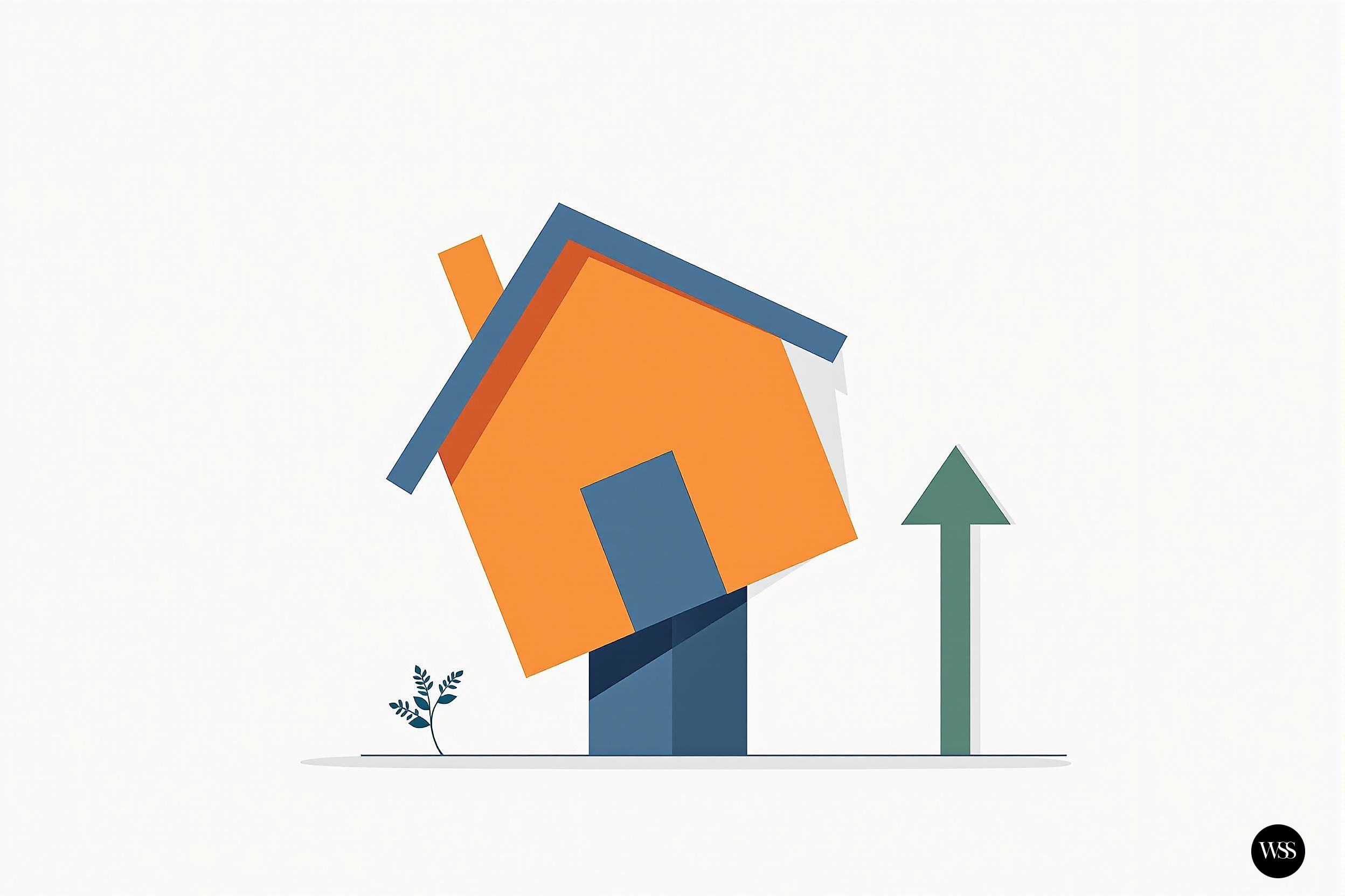 Orange house tilted with green arrow pointing up and small plant beside it