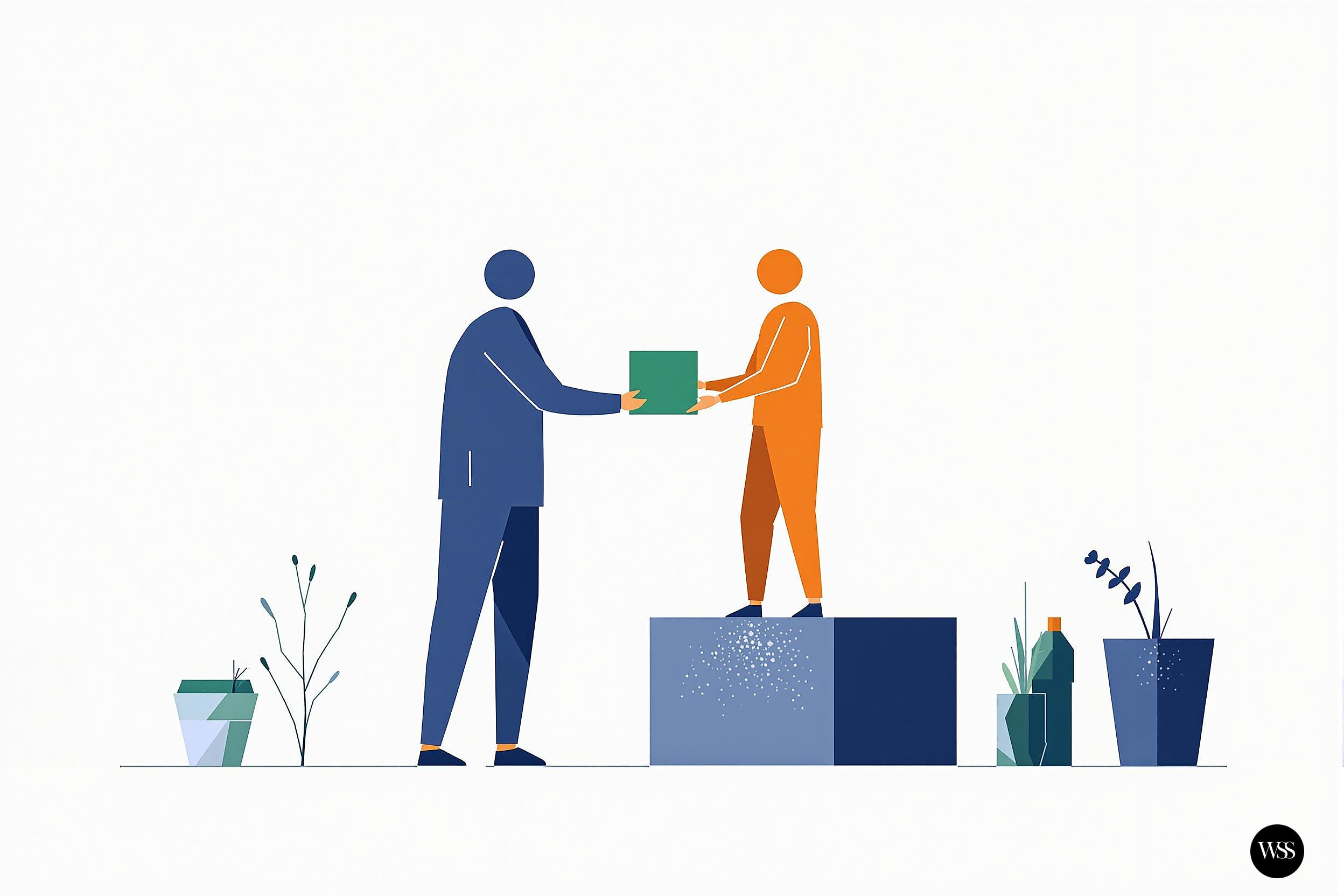 Two people exchanging a green box one standing on a block