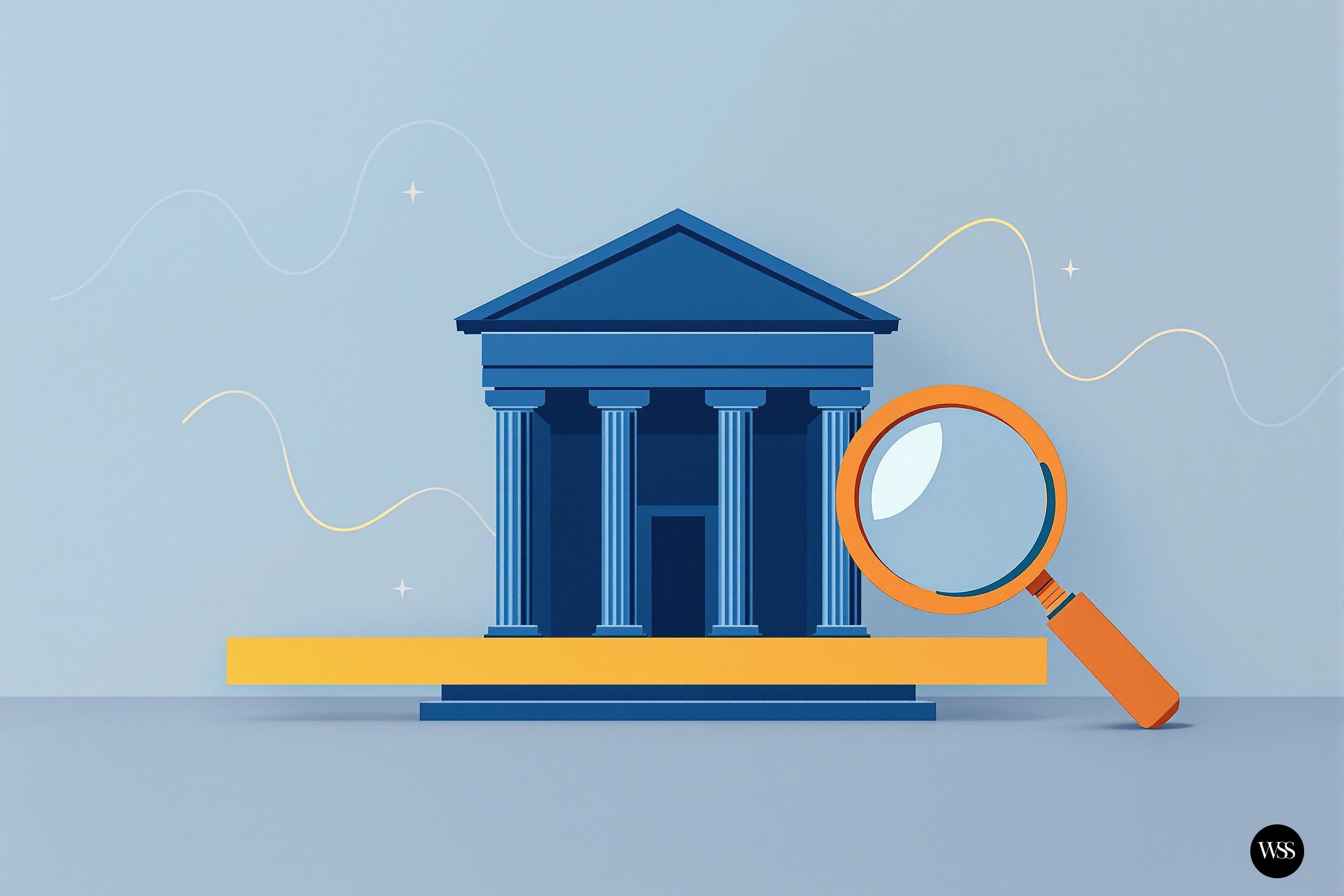 Blue classical building with columns on a yellow platform with an orange magnifying glass