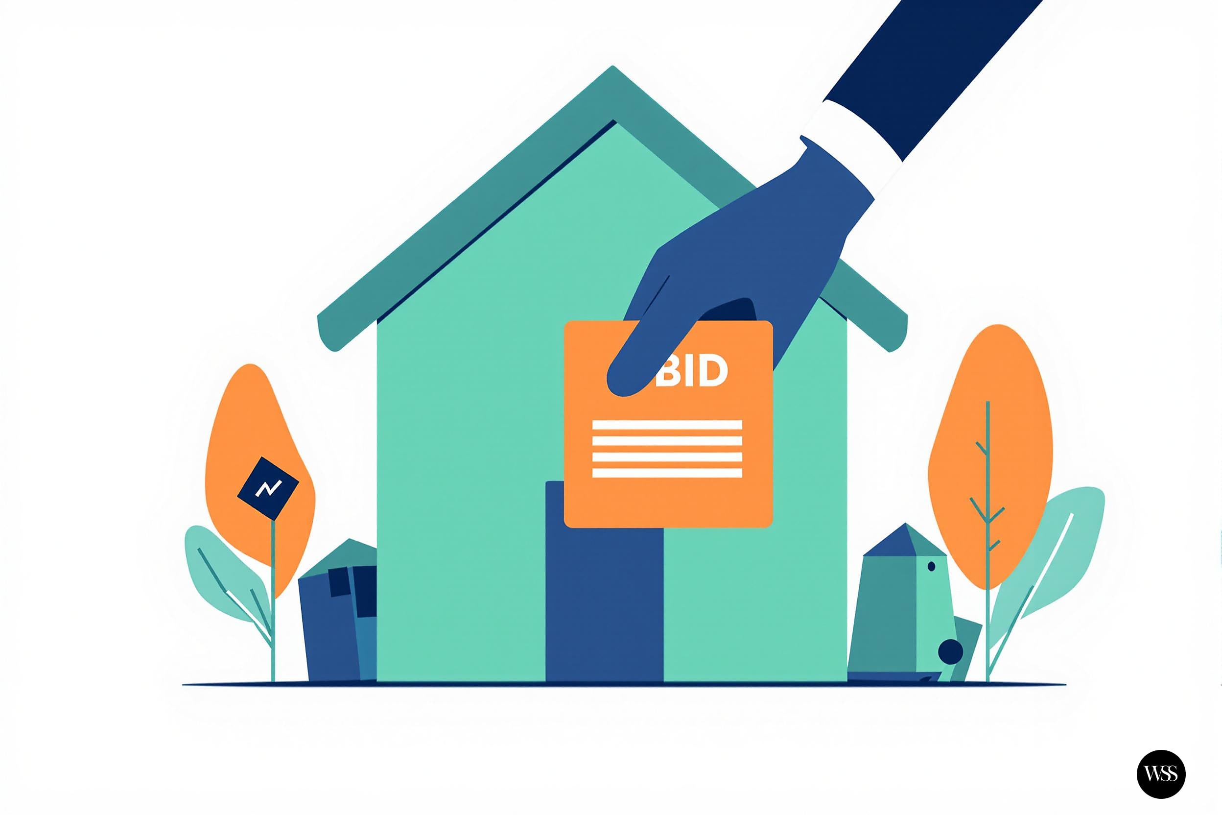 Hand holding a BID sign over a green house with trees