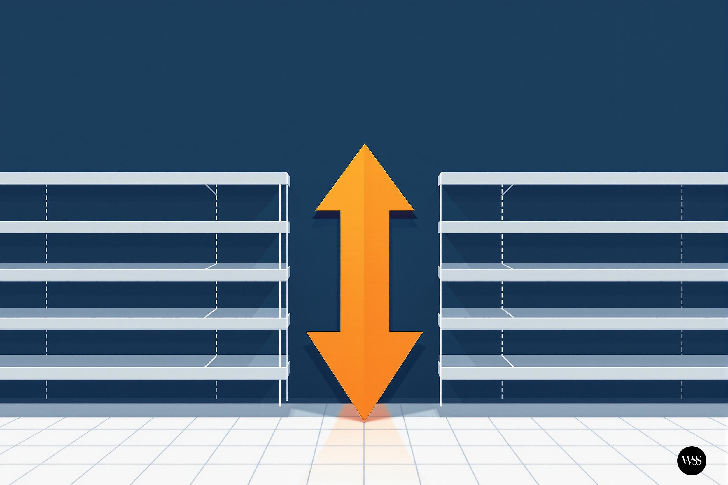 Empty shelves with an orange arrow pointing up and down between them