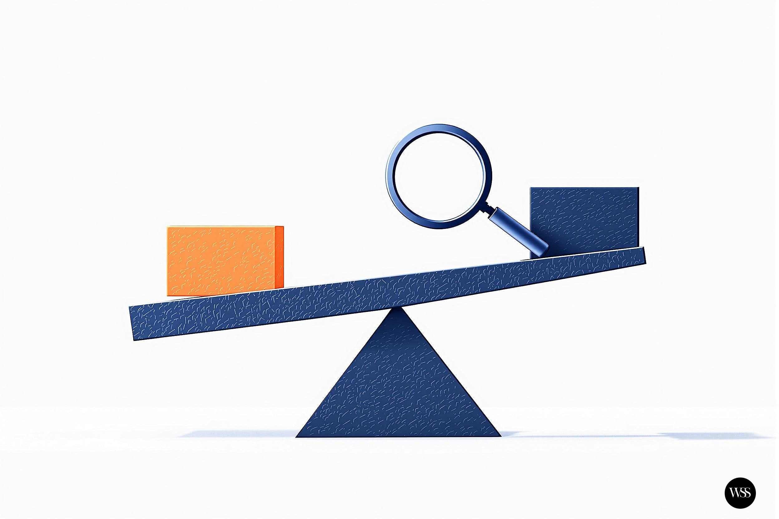 Orange cube and blue cube with magnifying glass on a blue balance scale
