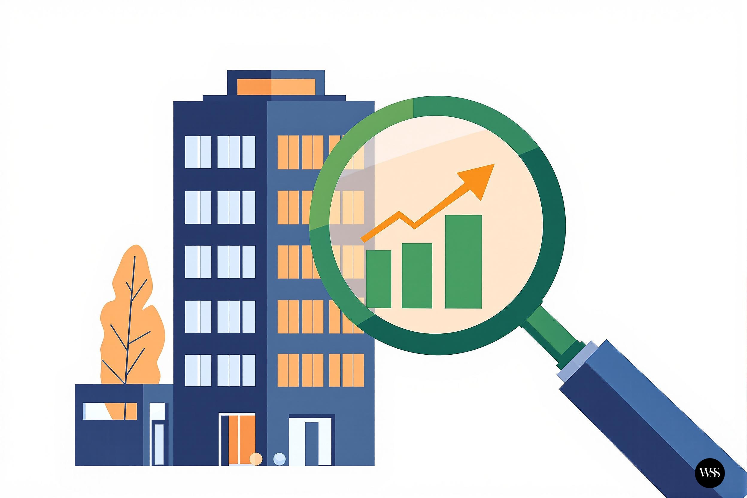 Building with magnifying glass showing upward trending bar graph