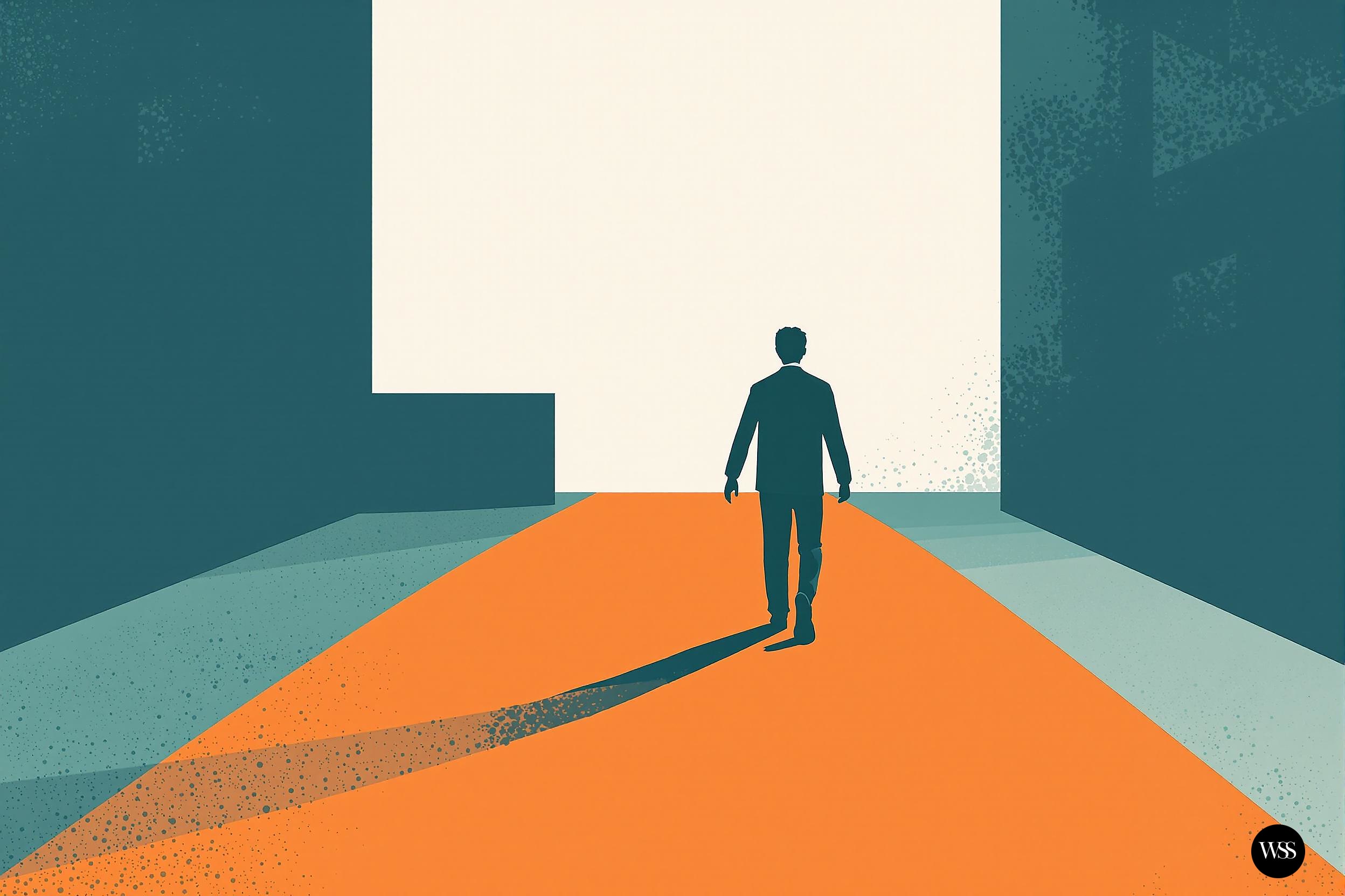 Silhouette of a person walking on an orange path between tall buildings