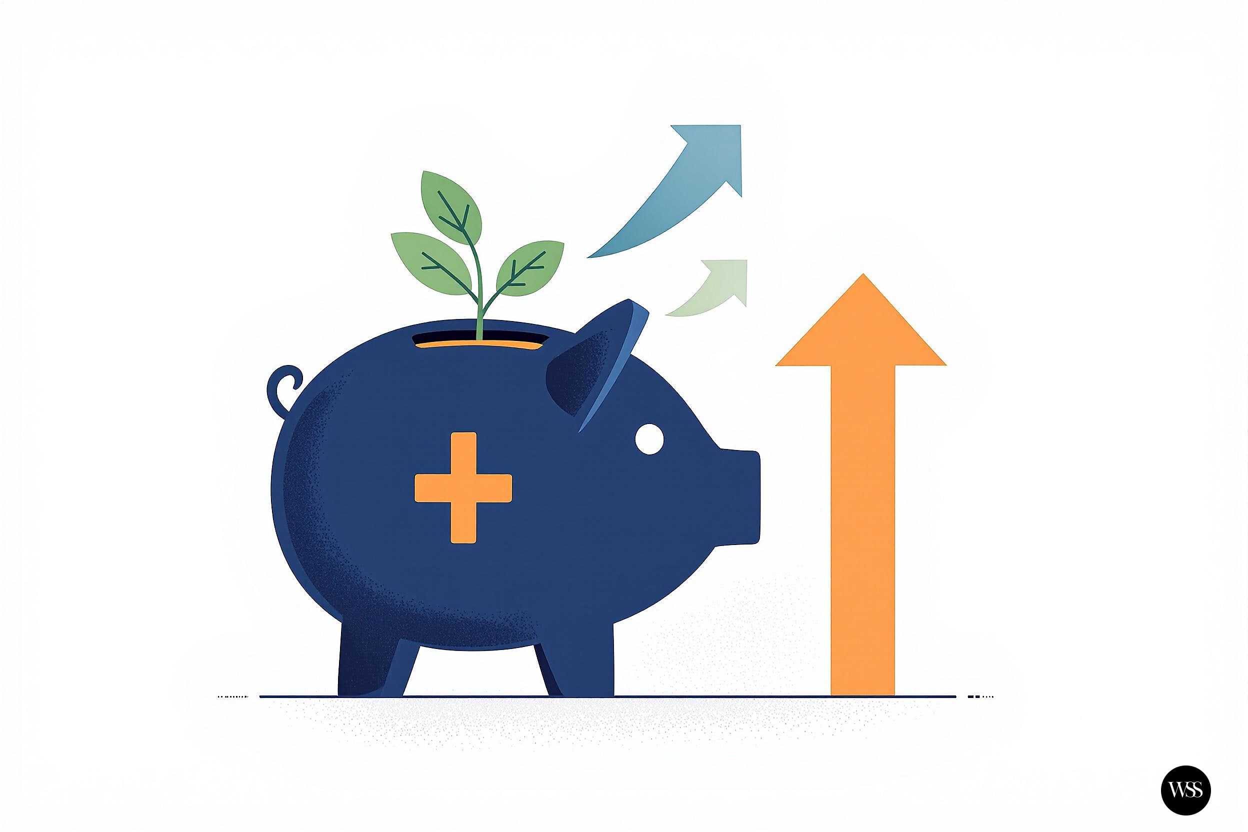 Blue piggy bank with plus sign and plant growing from it next to upward arrows