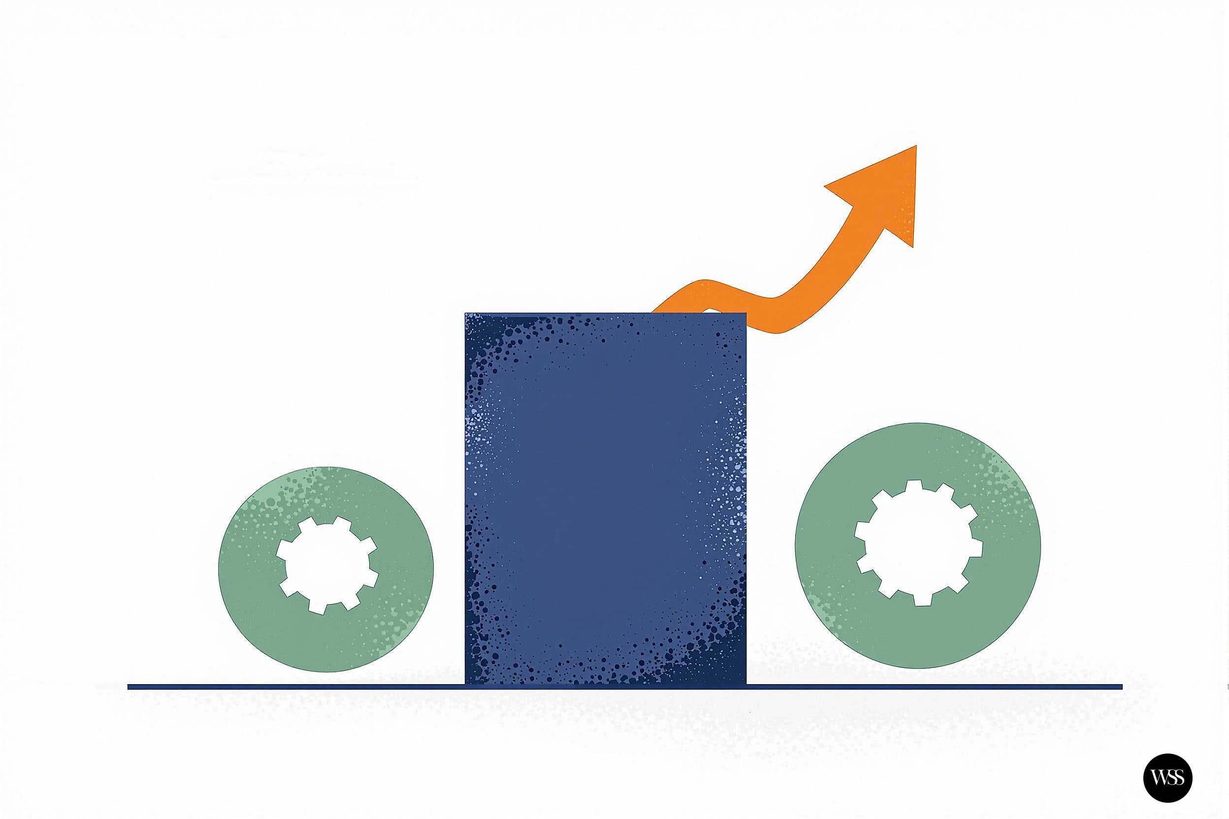Blue bar graph with an orange arrow pointing upwards between two green gears