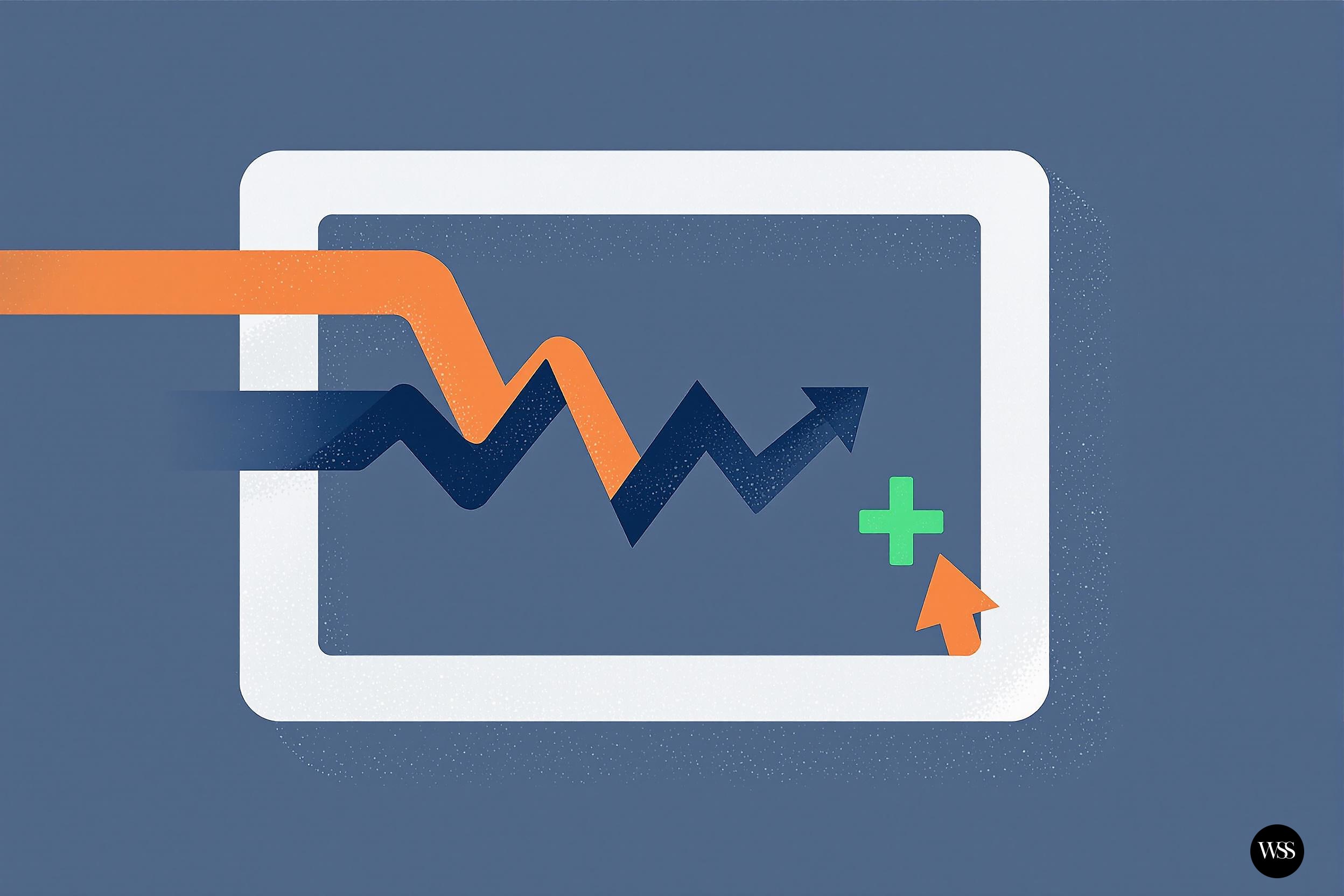 Graph showing orange and blue lines with upward trend and plus sign