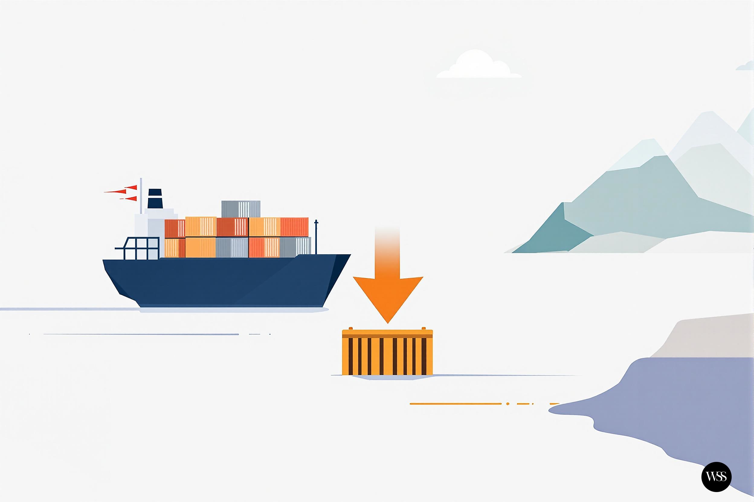 Cargo ship unloading container into water near mountainous landscape