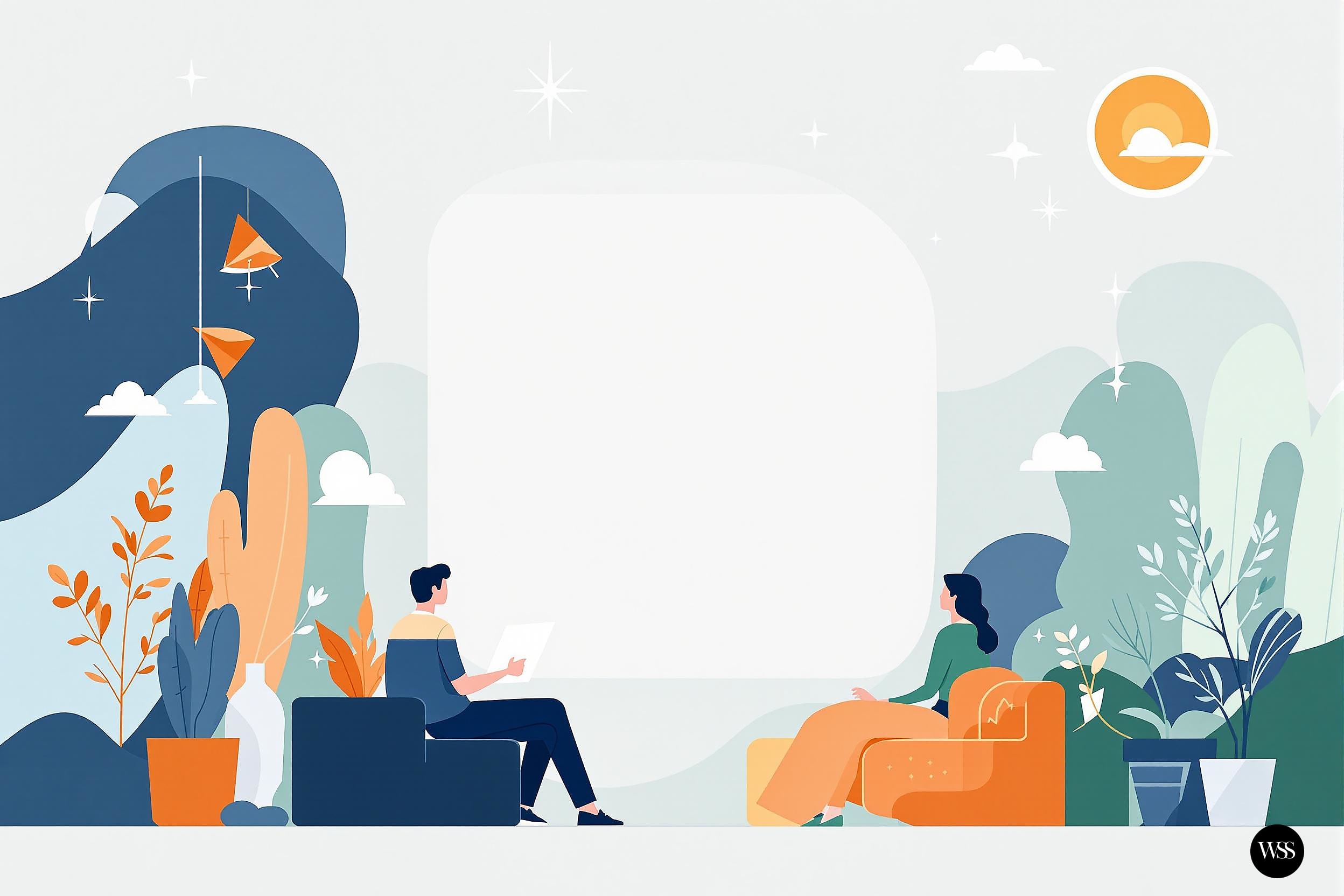 Two people sitting on couches in a room with plants and a sun in the background