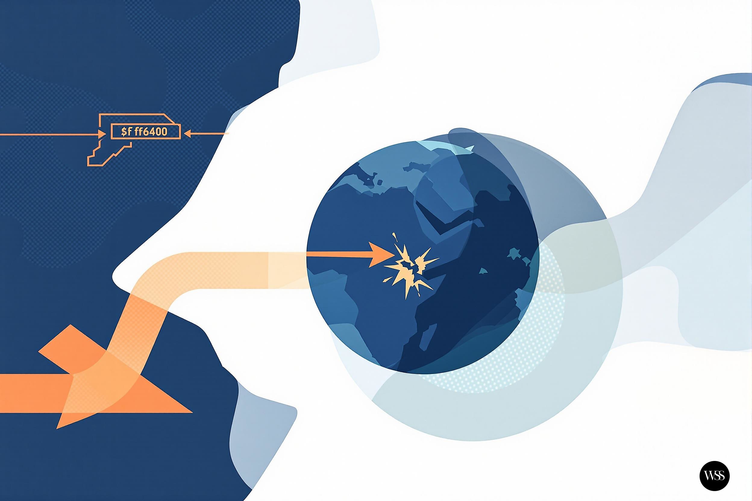 Illustration of an orange arrow from a map point labeled ST 174400 hitting a globe