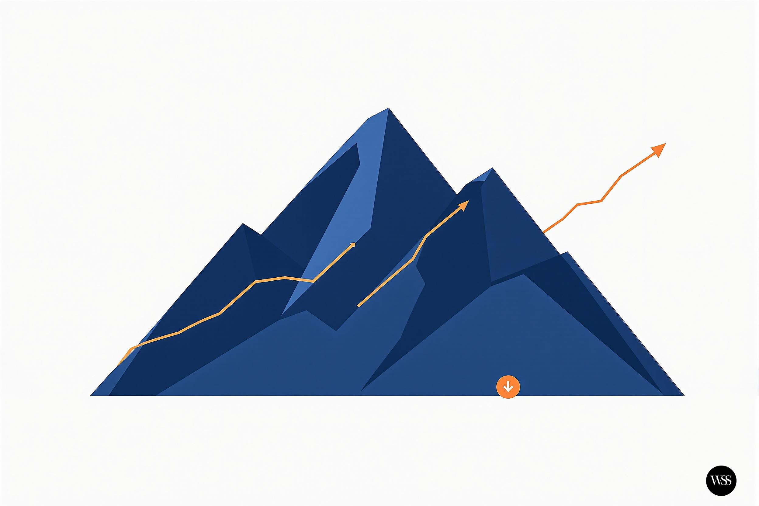 Blue mountain with orange line graph ascending from base to peak