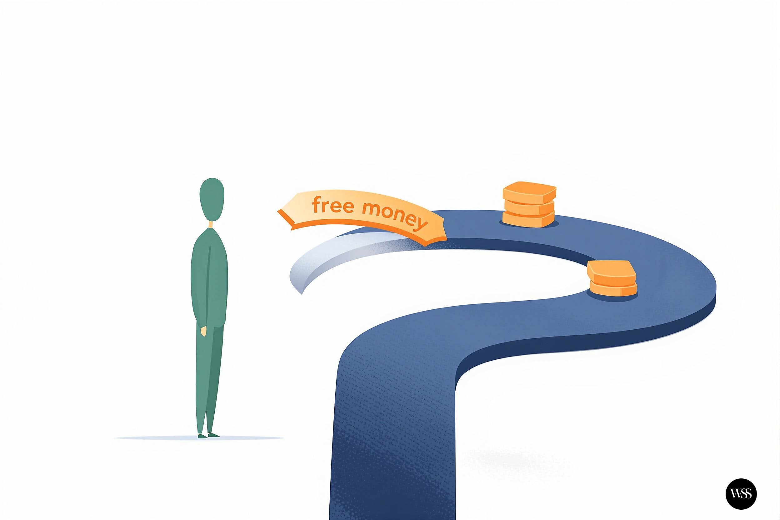 Person standing next to a conveyor belt with free money sign and stacks of coins