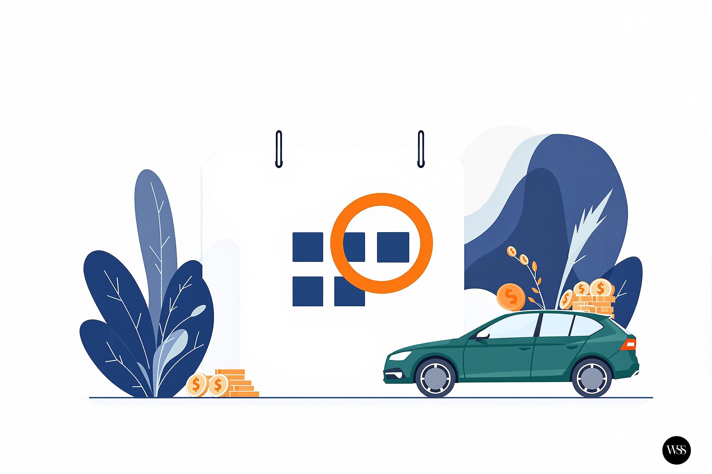 Green car with stacks of coins on roof and ground, blue plants in background