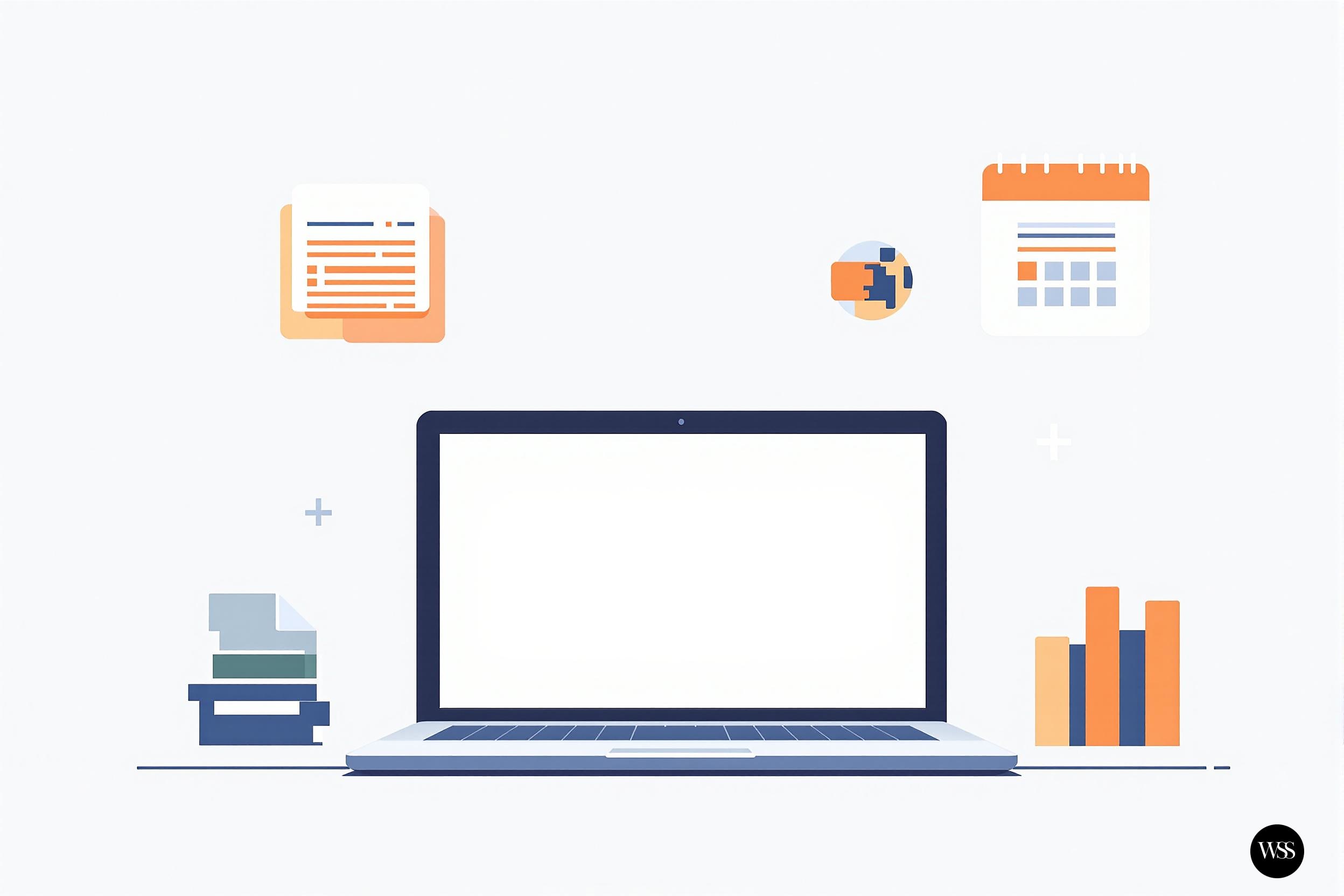 Laptop on desk with document, calendar, charts, and puzzle piece icons around it