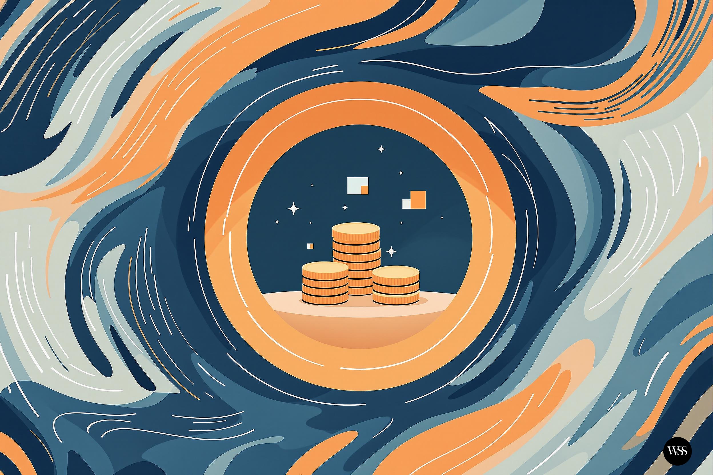 Stacks of coins on a platform in a circular frame with abstract background