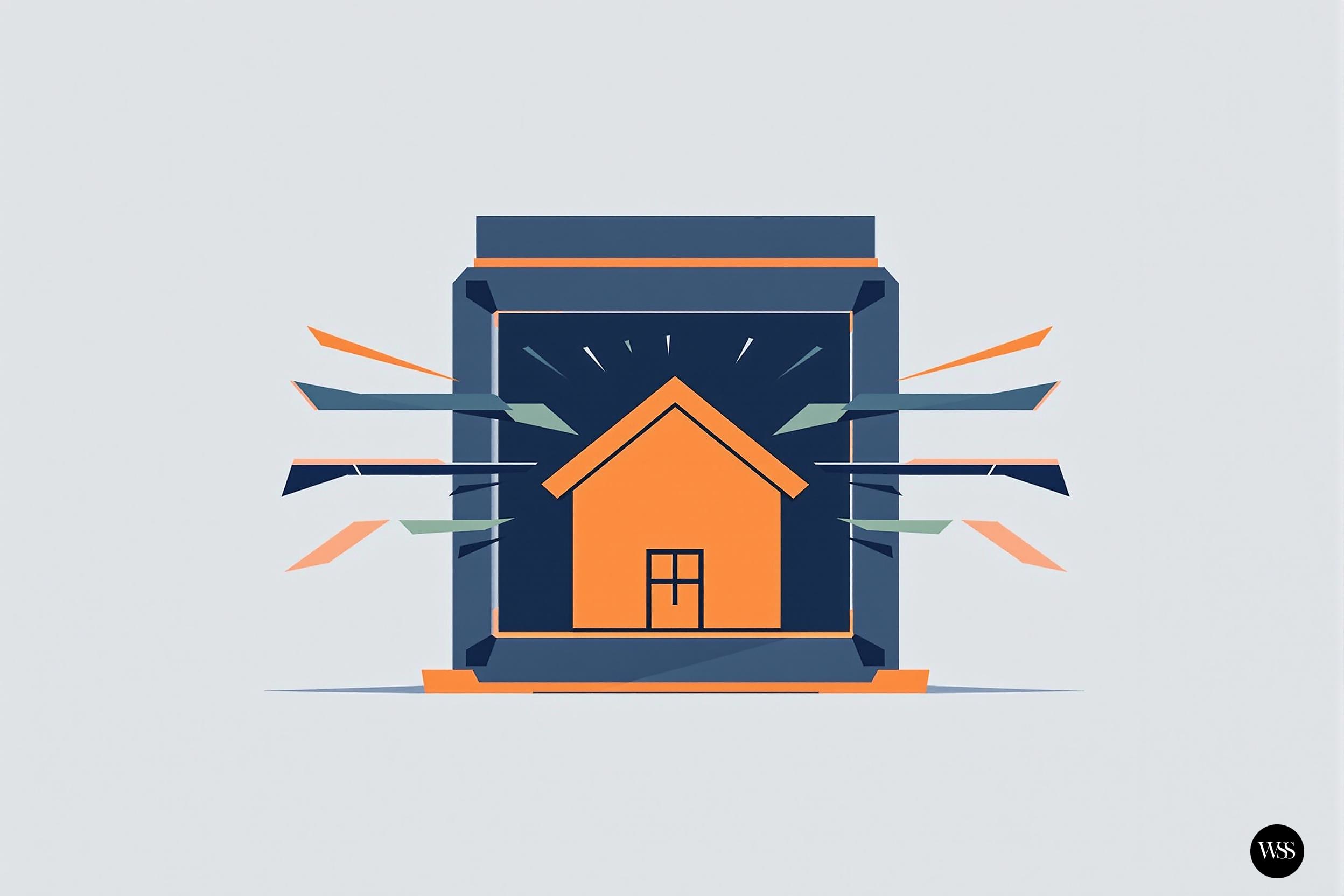 Illustration of a house inside a frame with colorful arrows pointing towards it