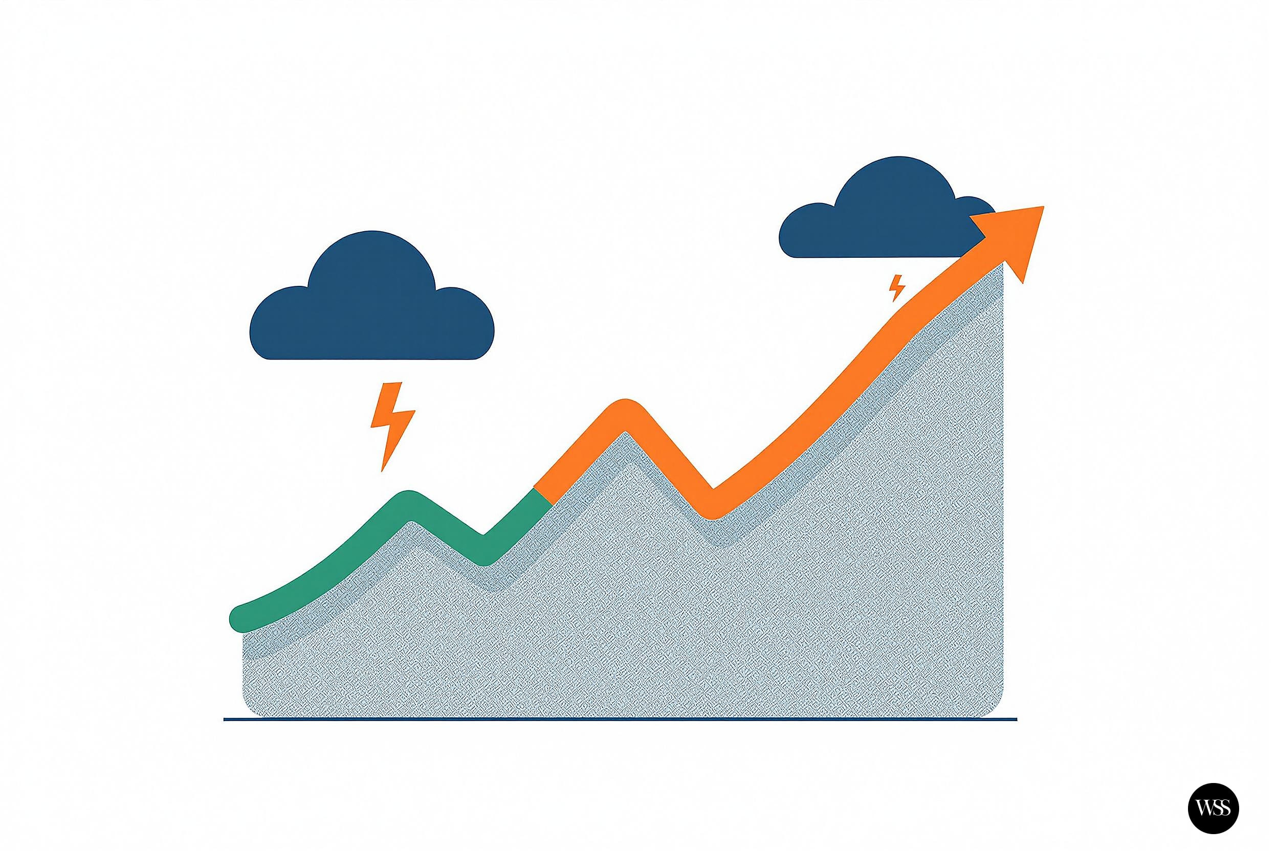 Line graph with upward trend arrow through clouds and lightning