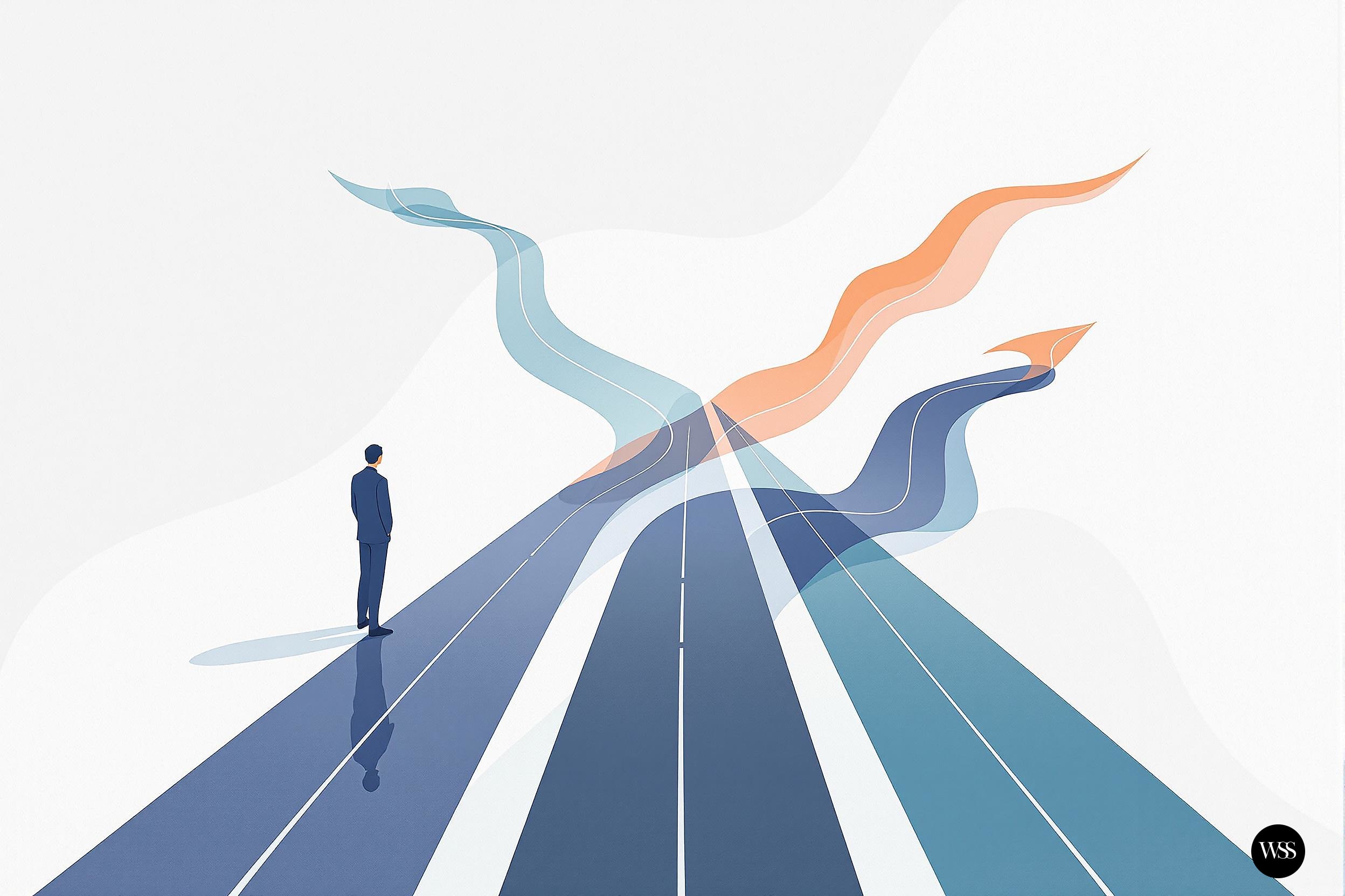 Person standing at a crossroads with three diverging paths