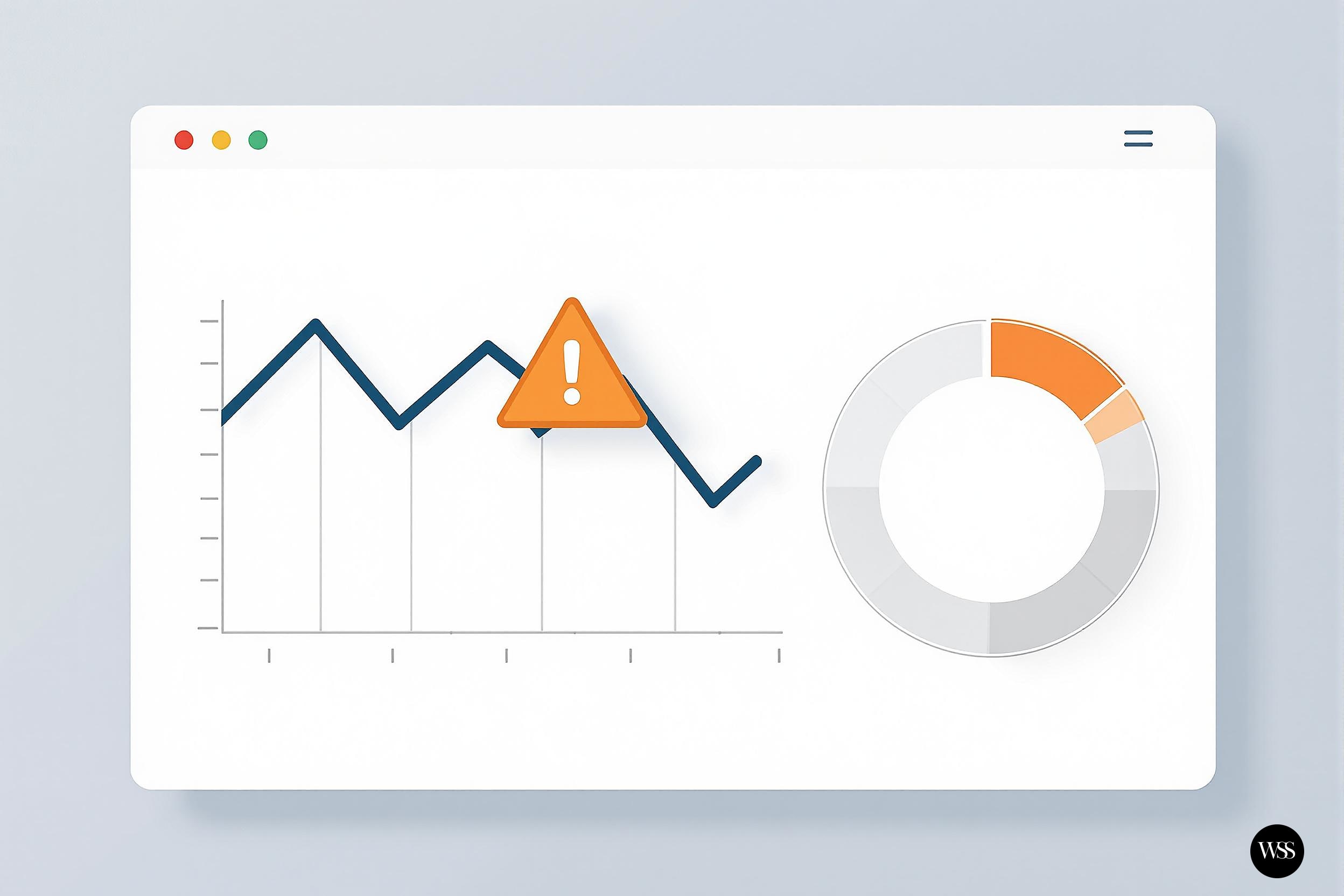 Line graph with warning icon at peak followed by decline and pie chart