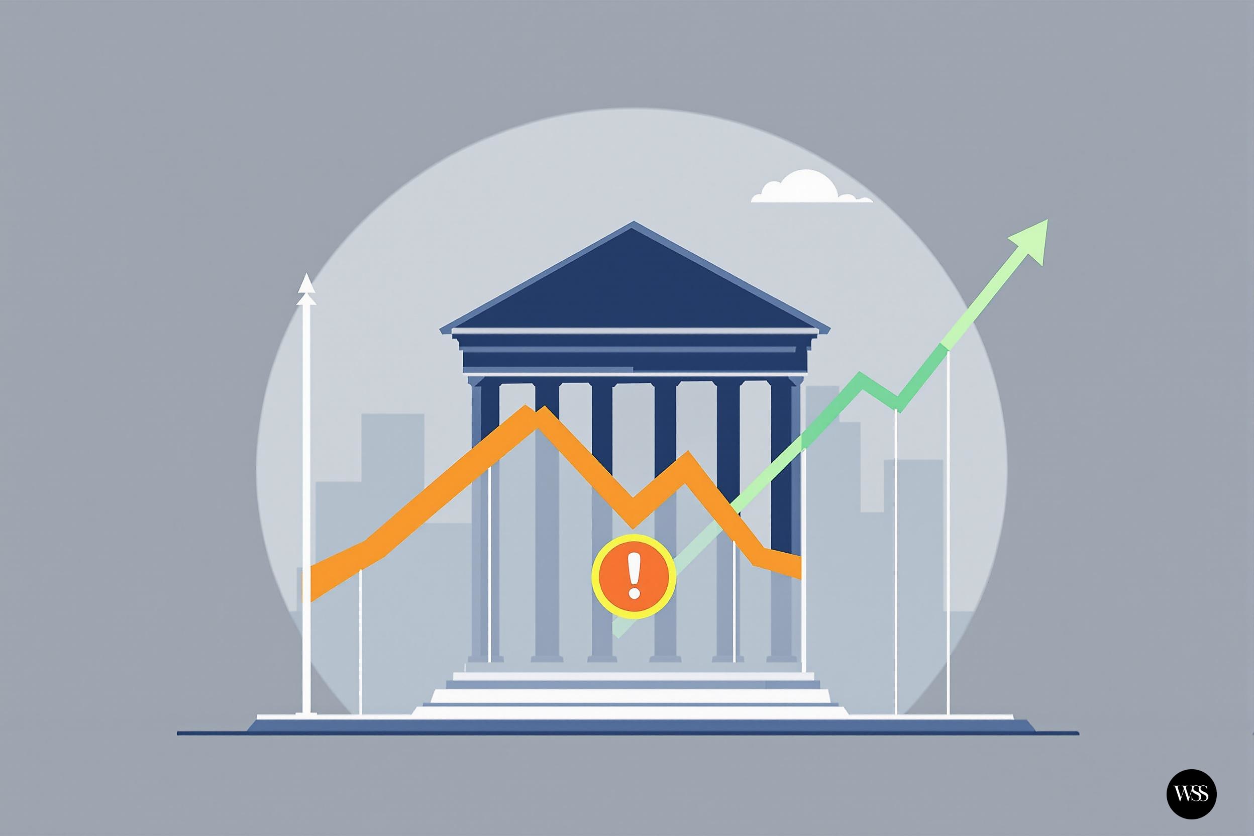 Bank building with orange and green line graphs showing financial trends
