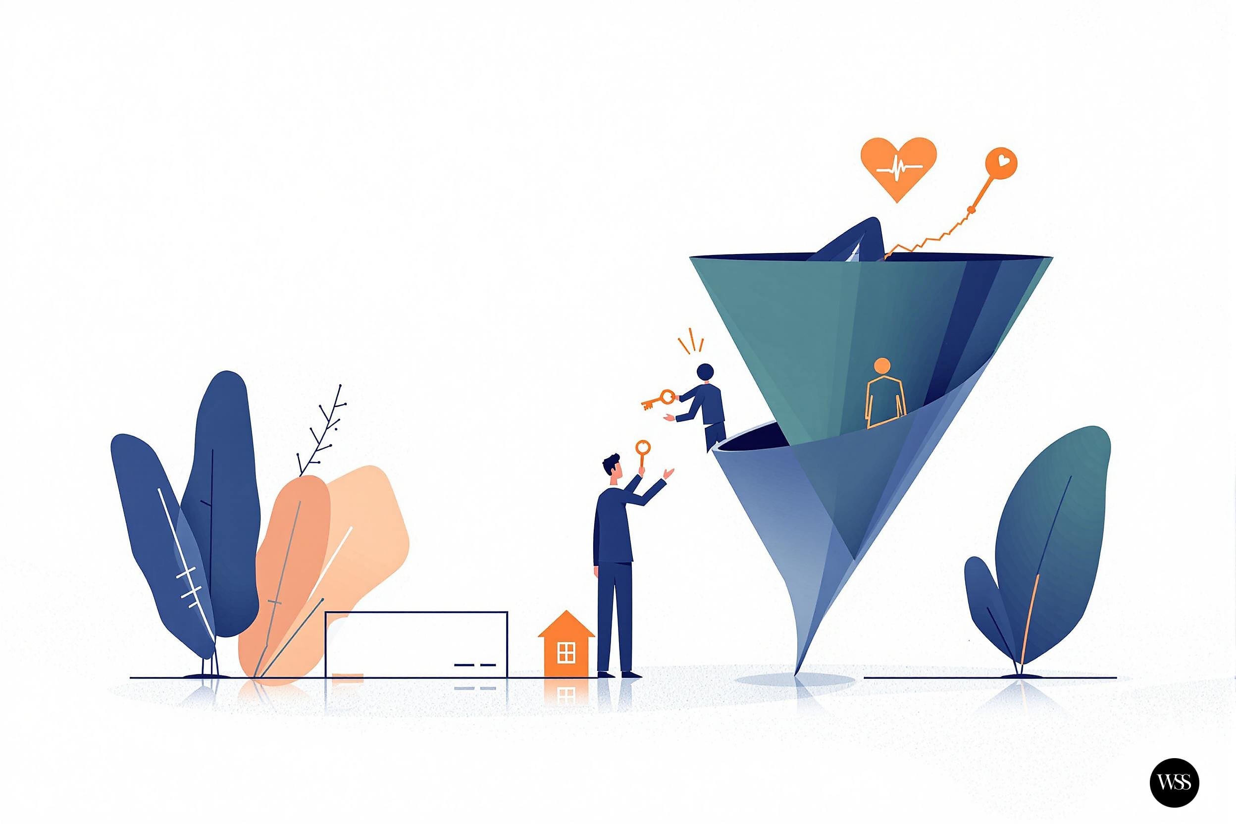 Person handing keys to another person near a large funnel with people inside and icons of a heart and house