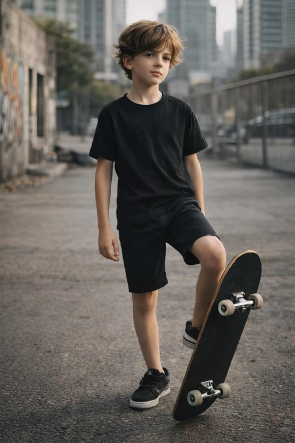 Boy with skateboard on street