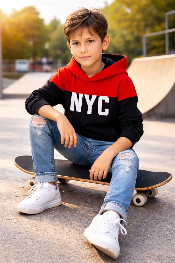 Boy sitting on skateboard
