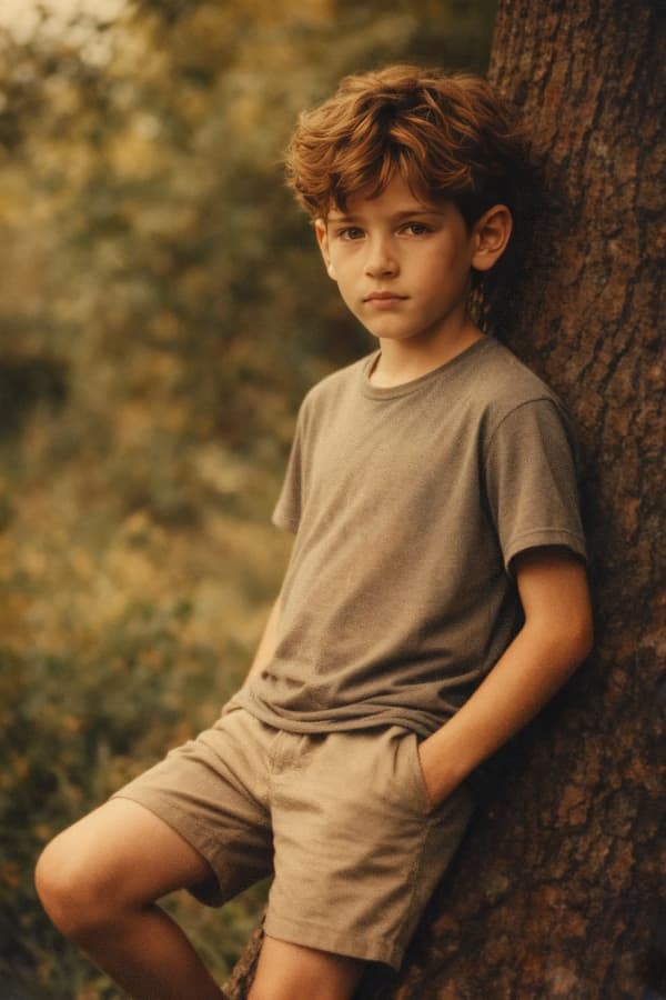 Boy leaning against tree