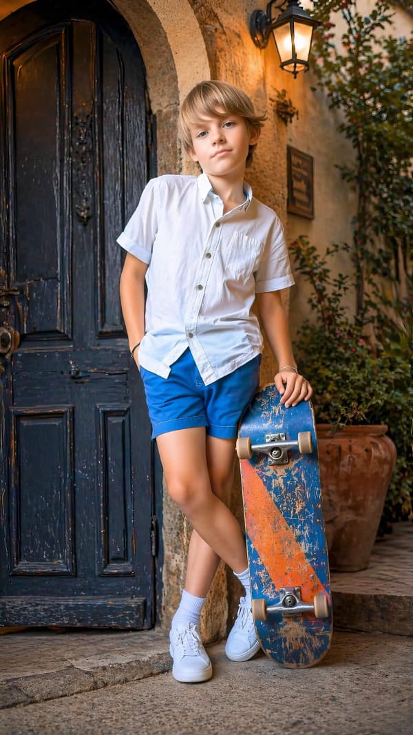 Boy with skateboard on steps