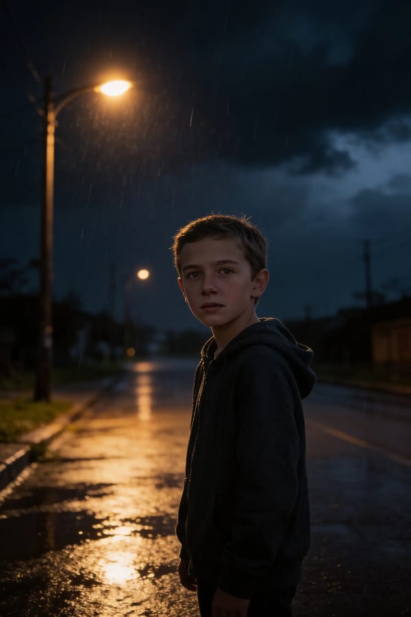 Boy on wet street at night