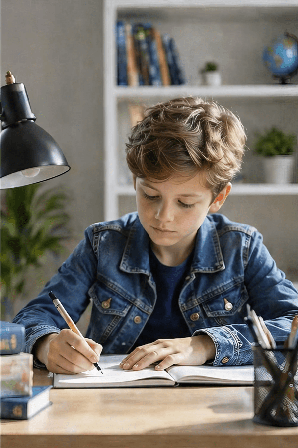 Boy writing at desk