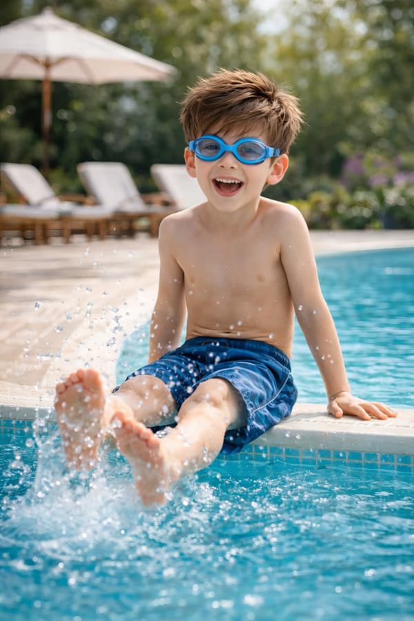 Boy standing by swimming pool