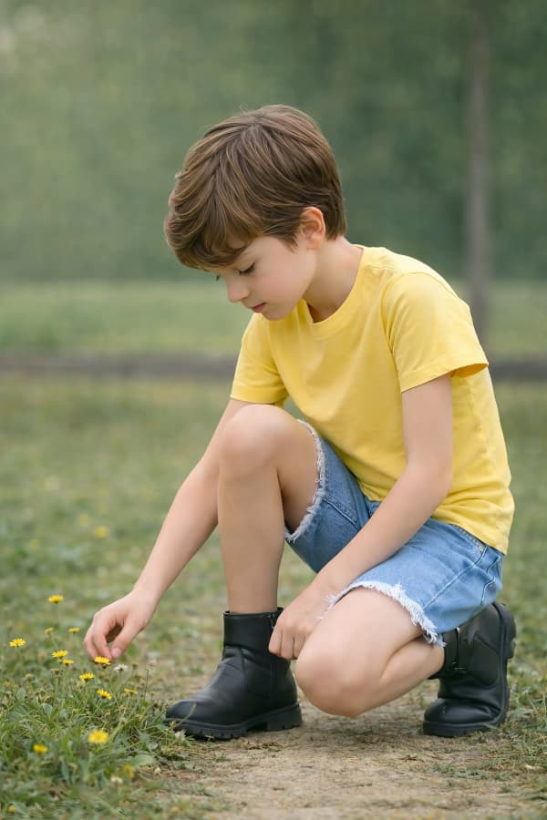 Boy crouching in park