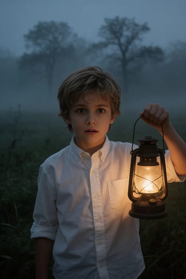 Boy with lantern in mist