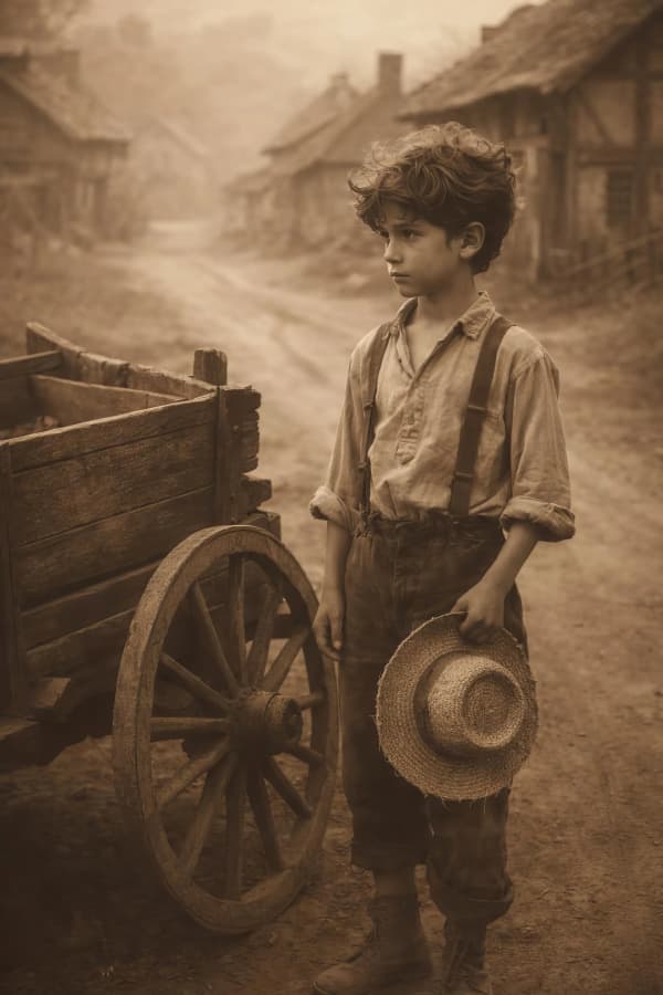Boy in vintage street scene
