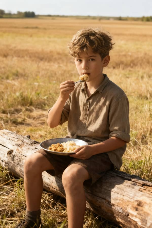 Boy eating on log