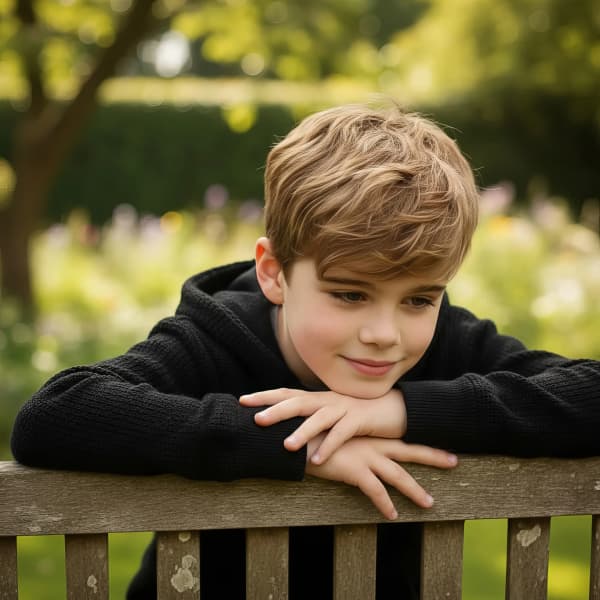Boy smiling near greenery