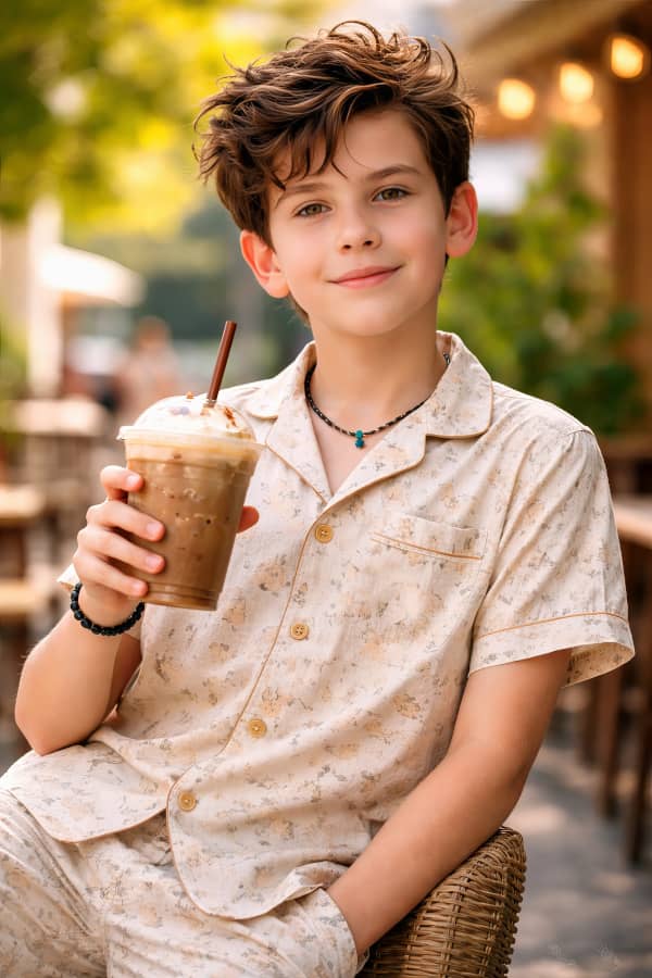 Boy drinking iced coffee