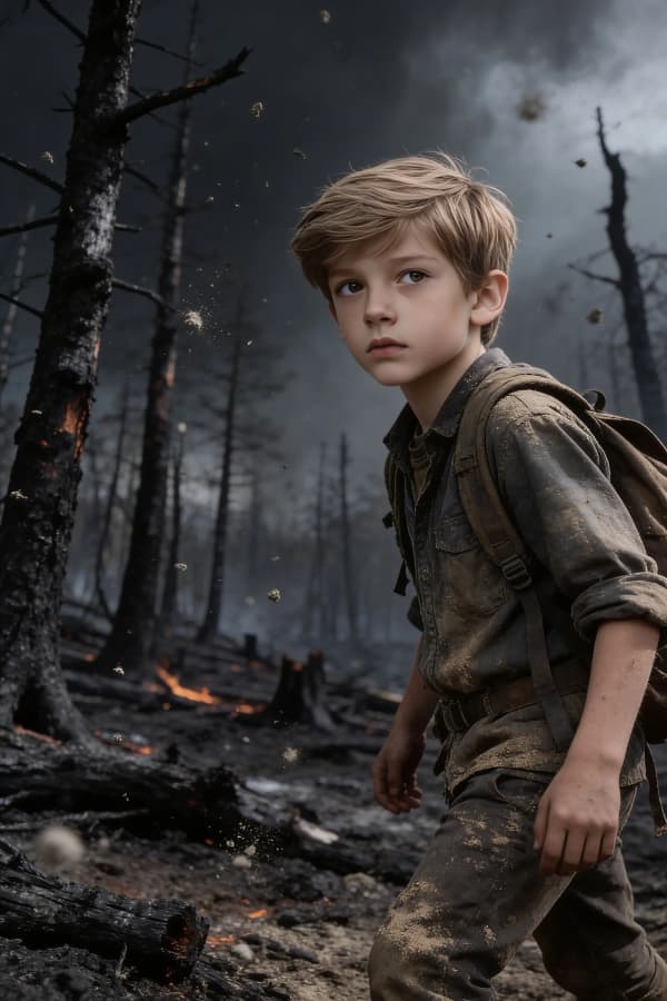 Boy in burnt forest