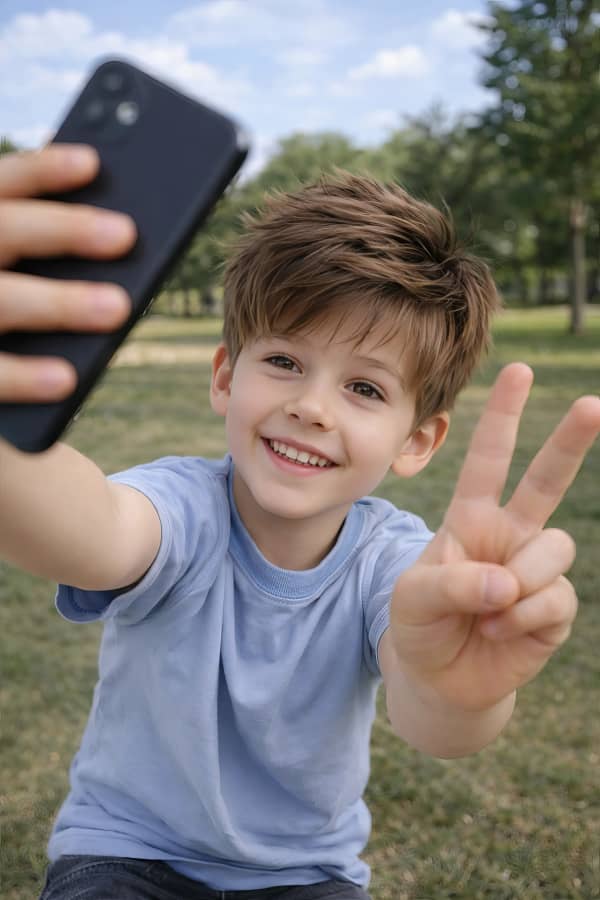 Boy taking selfie with peace sign