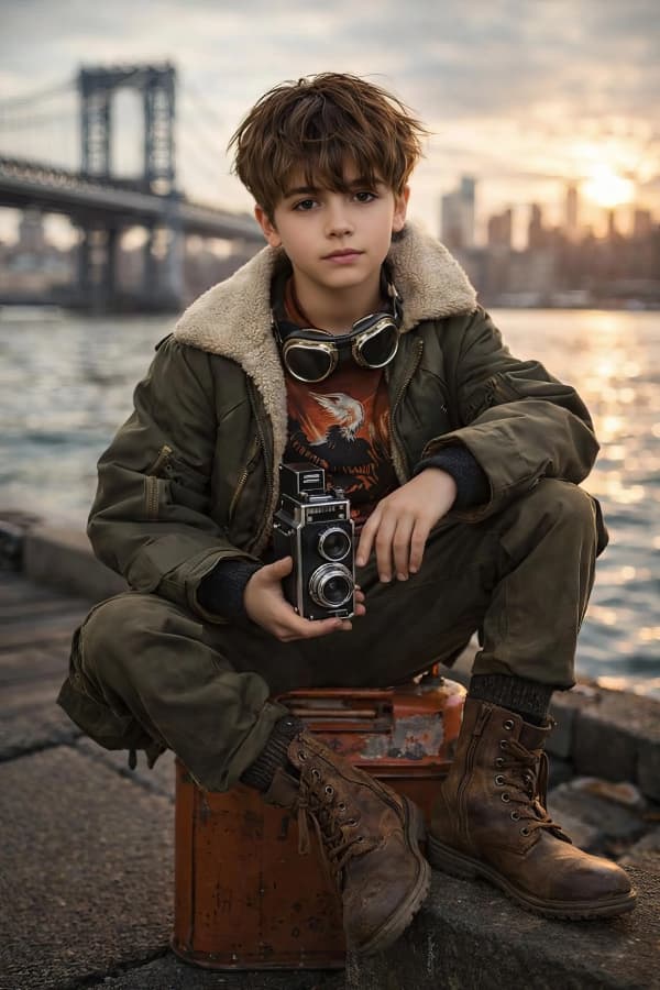 Boy with camera by bridge
