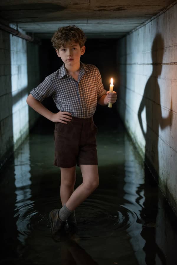 Boy with flashlight in hallway