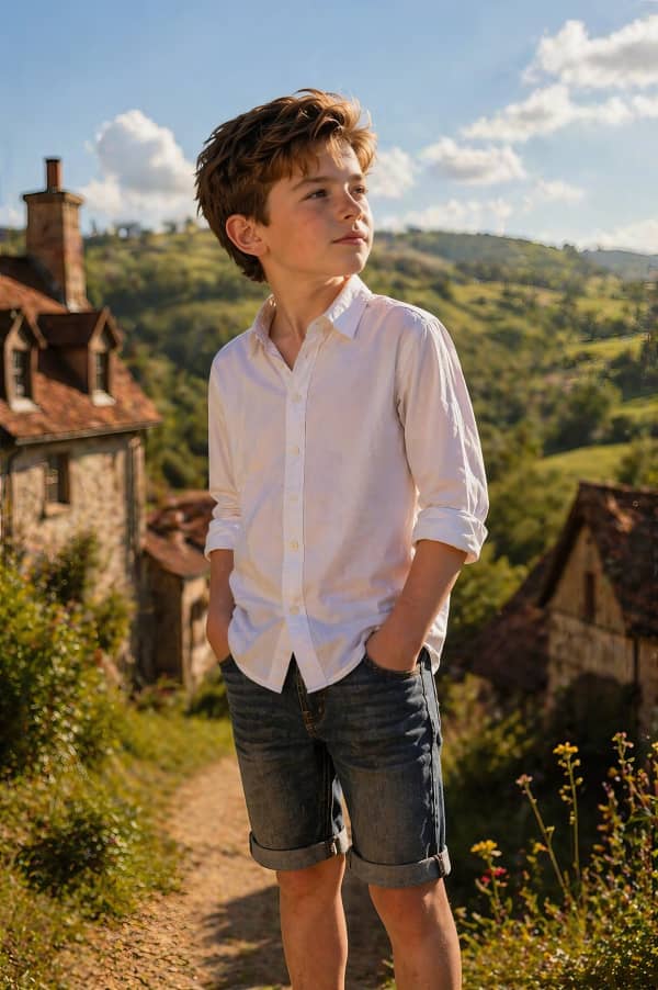 Boy standing on village path