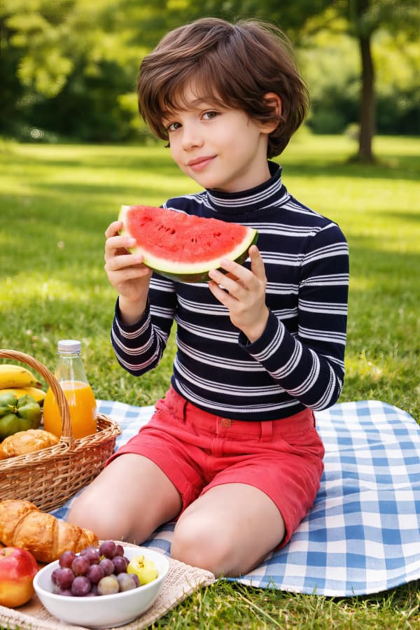 Boy eating watermelon on blanket