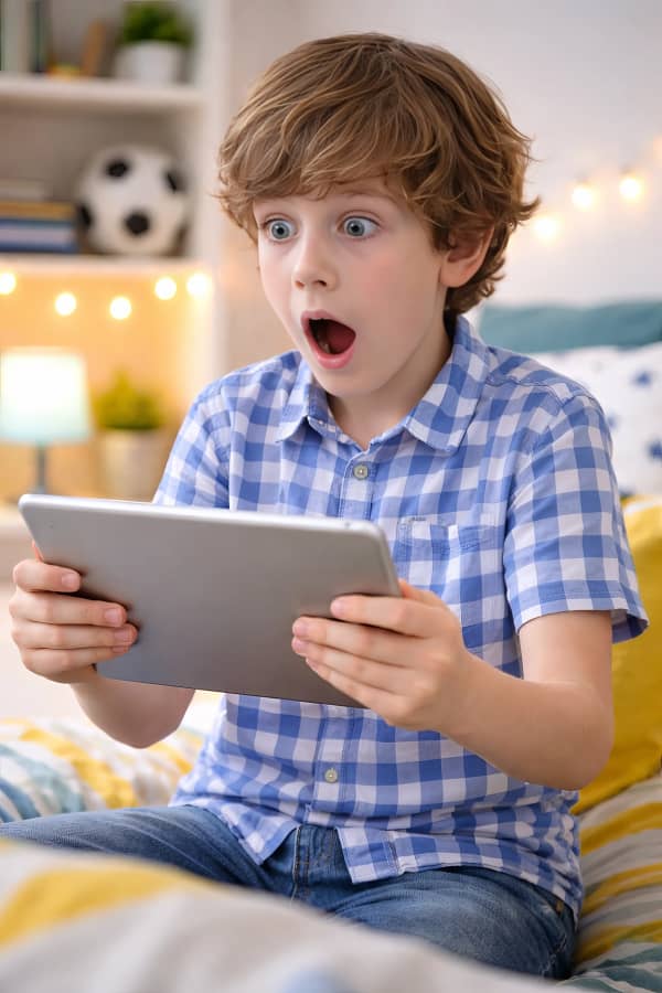 Boy looking surprised at tablet