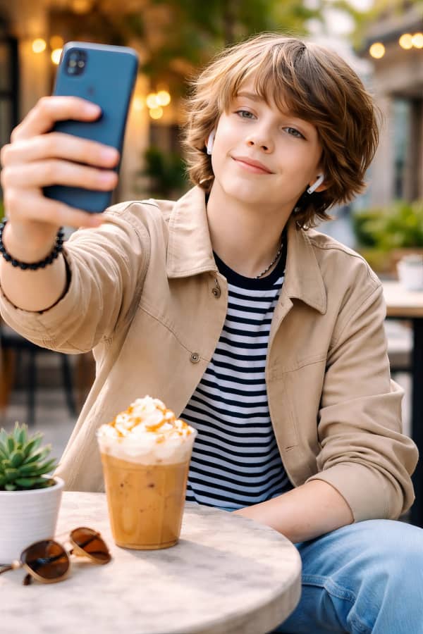 Boy holding coffee and phone