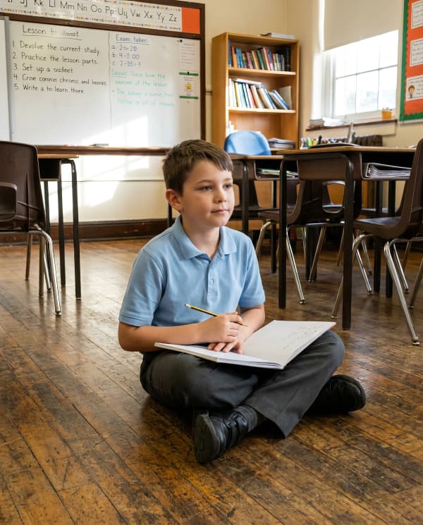Boy alone in classroom