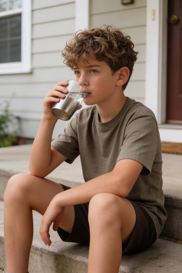Boy sitting on steps drinking